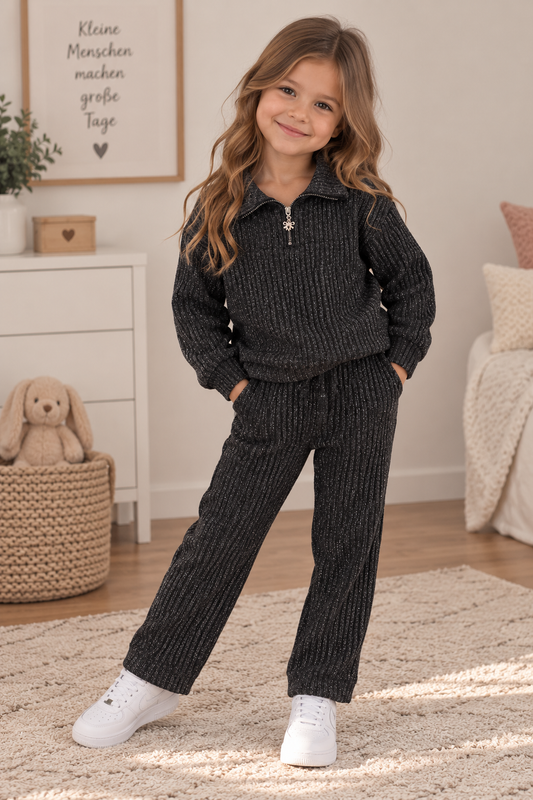 Mädchen 2-teiliges Strick-Set – Pullover mit Reißverschluss & Hose | 2 Farben