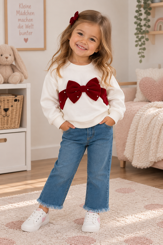 Mädchen Outfit – Weißer Pullover mit roter Schleife & Jeanshose (2-teiliges Set)
