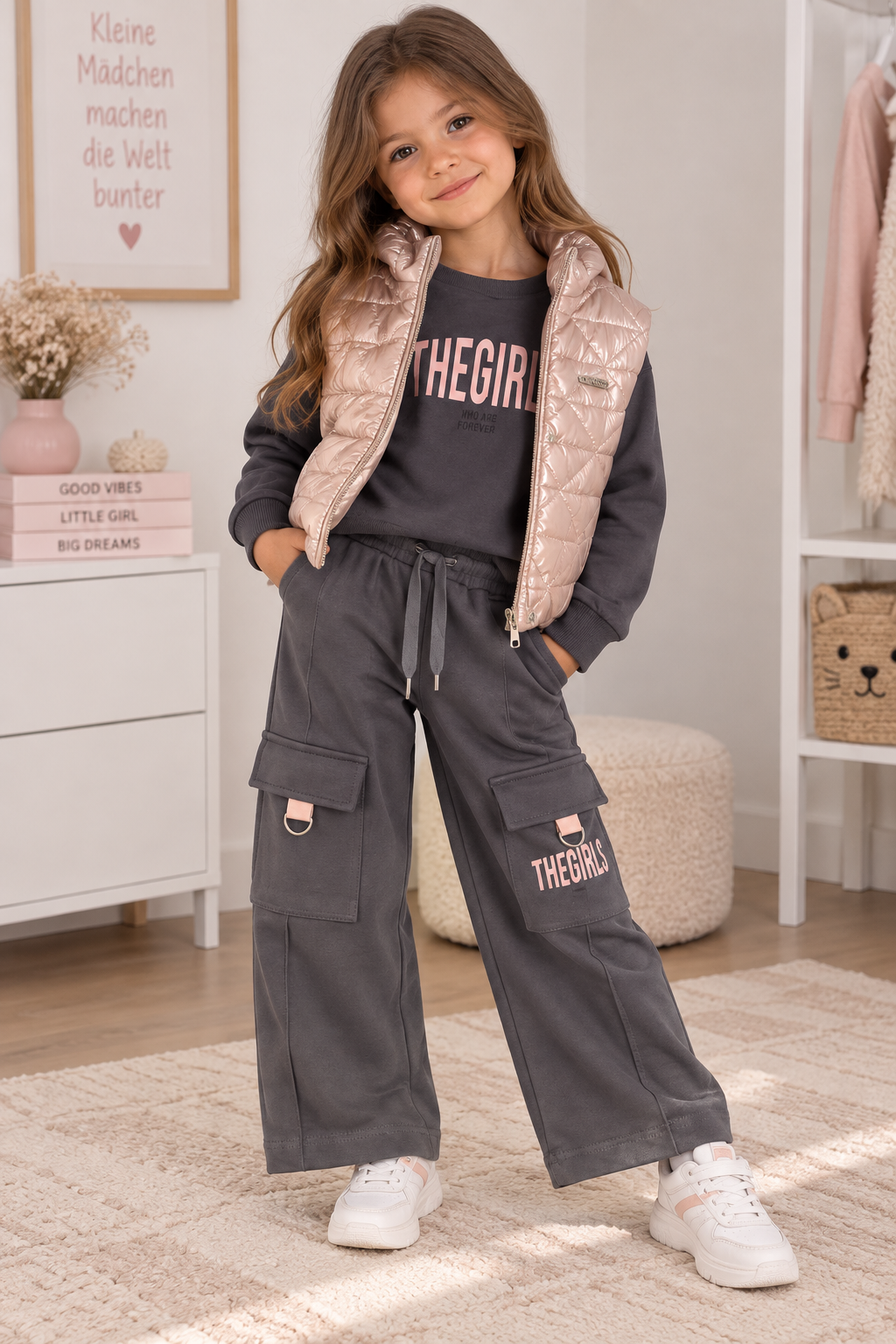3-teiliges Mädchen Outfit mit Weste, Sweatshirt & Cargo-Hose – Trendy Street Style