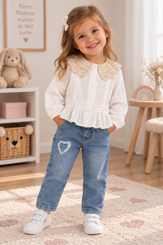2-teiliges Mädchen Outfit – Bluse mit Spitze & Jeans mit Herz-Print