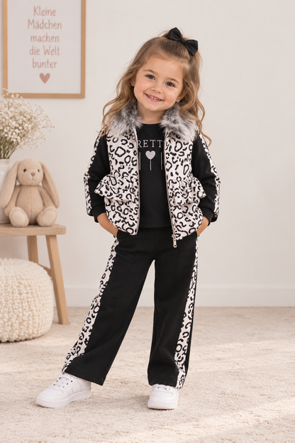 Stylisches Mädchen Komplett-Outfit mit Weste | Hose & Oberteil | Leopard Design