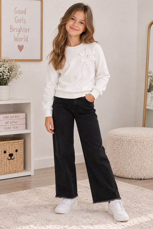 2-teiliges Mädchen Outfit – Oberteil mit Blume & Jeans