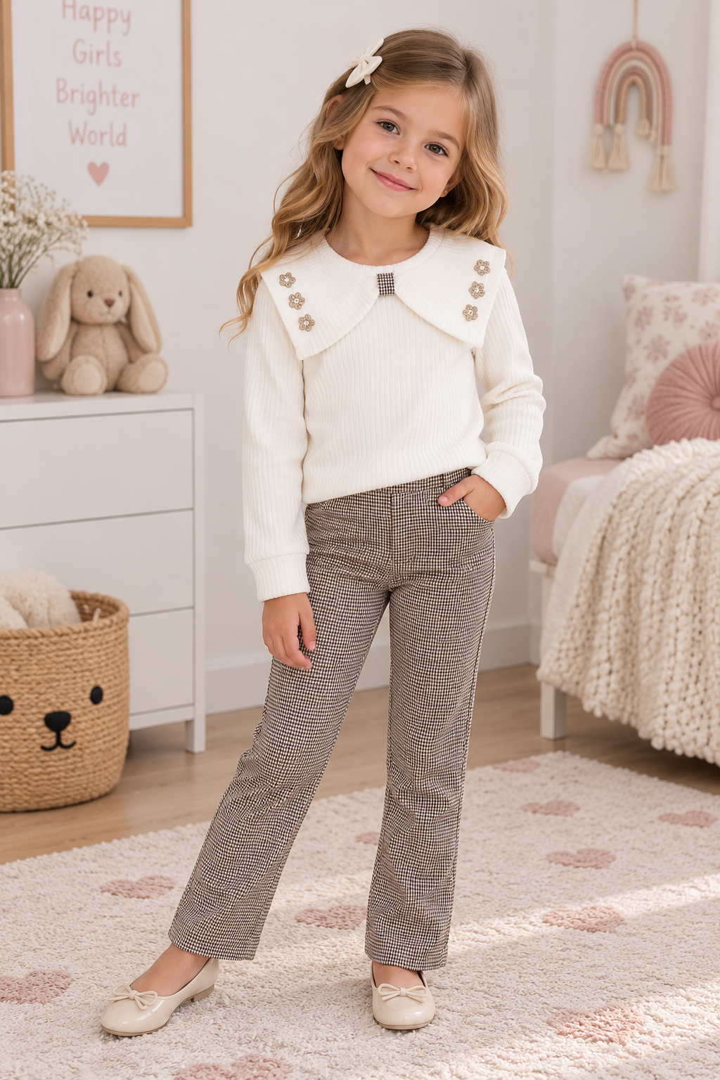 Elegantes zweiteiliges Mädchen-Outfit mit Kragenpullover & Karohose – stilvoll & bequem