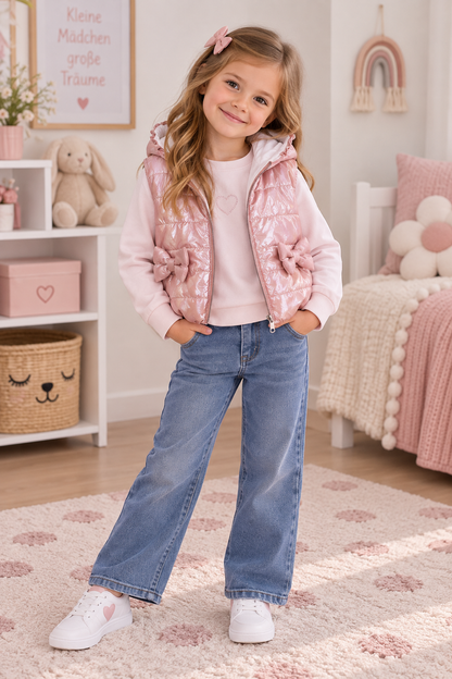 Dreiteiliges Mädchen-Outfit mit Weste, Oberteil & Jeans – modisch & gemütlich
