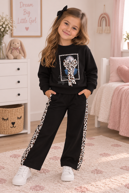 Zweiteiliges Mädchen-Outfit – Hose & Oberteil mit Leopardendetails 🐆🖤