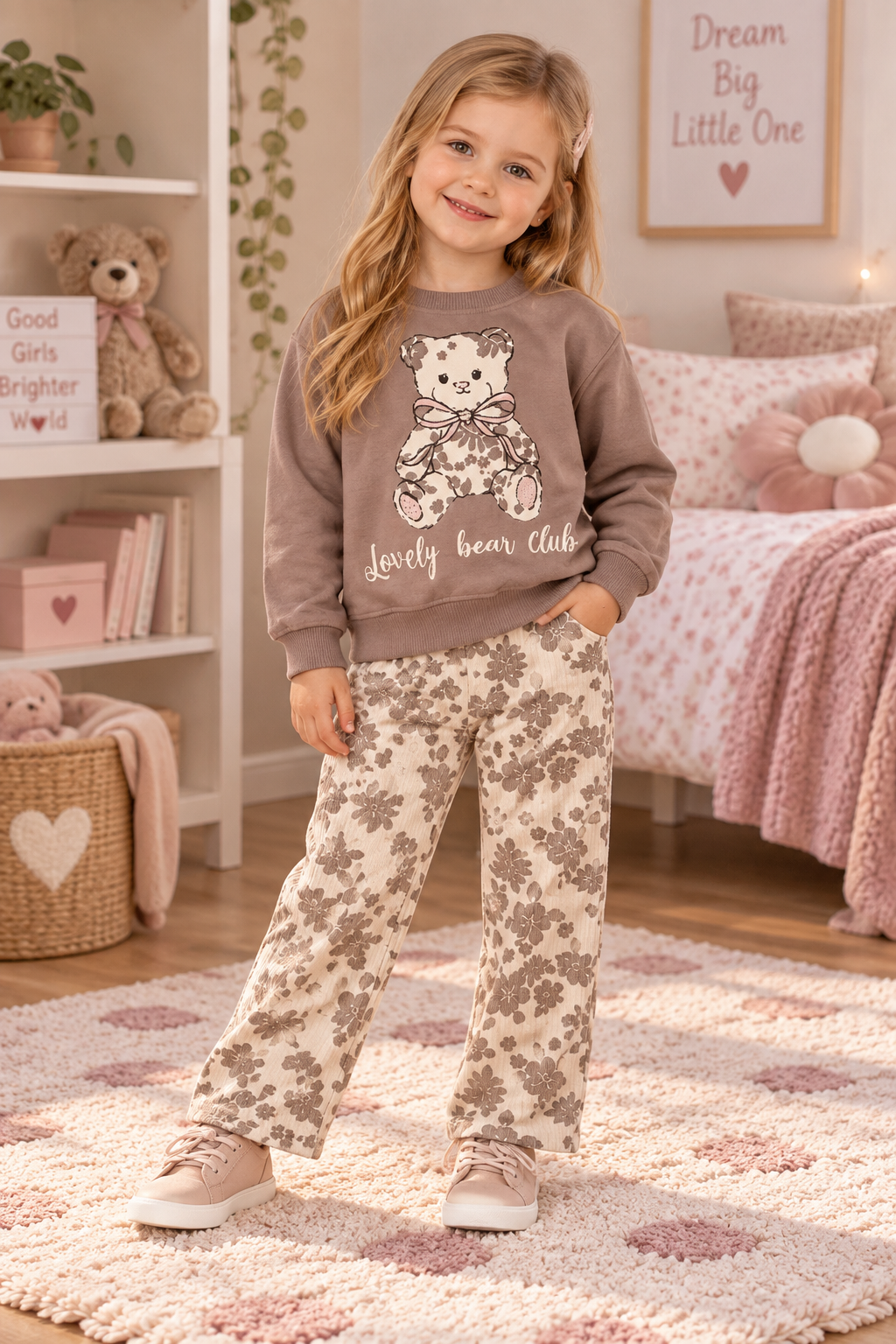 Mädchen 2-teiliges Set „Lovely Bear Club“ – Floral & Gemütlich 🎀✨