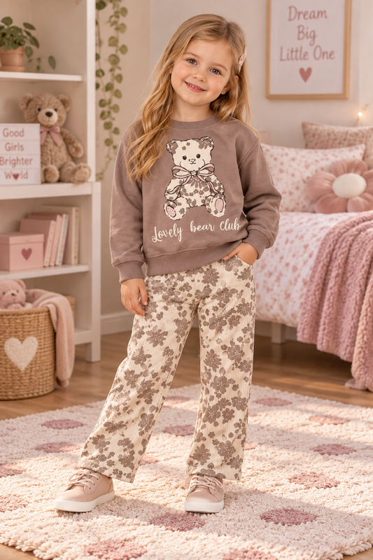 Mädchen 2-teiliges Set „Lovely Bear Club“ – Floral & Gemütlich 🎀✨