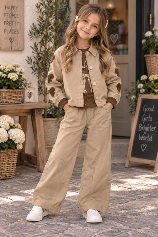 Mädchen 3-teiliges Set – Stylische Jacke, Shirt & Hose im Natur-Look 🧥✨