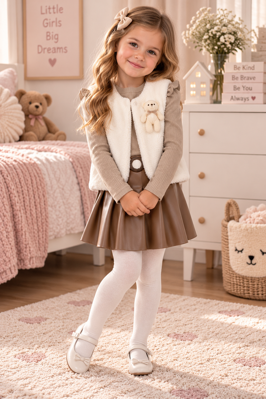 Mädchen 3-teiliges Set – Eleganter Leder-Look Rock, Weste & Shirt 🎀✨
