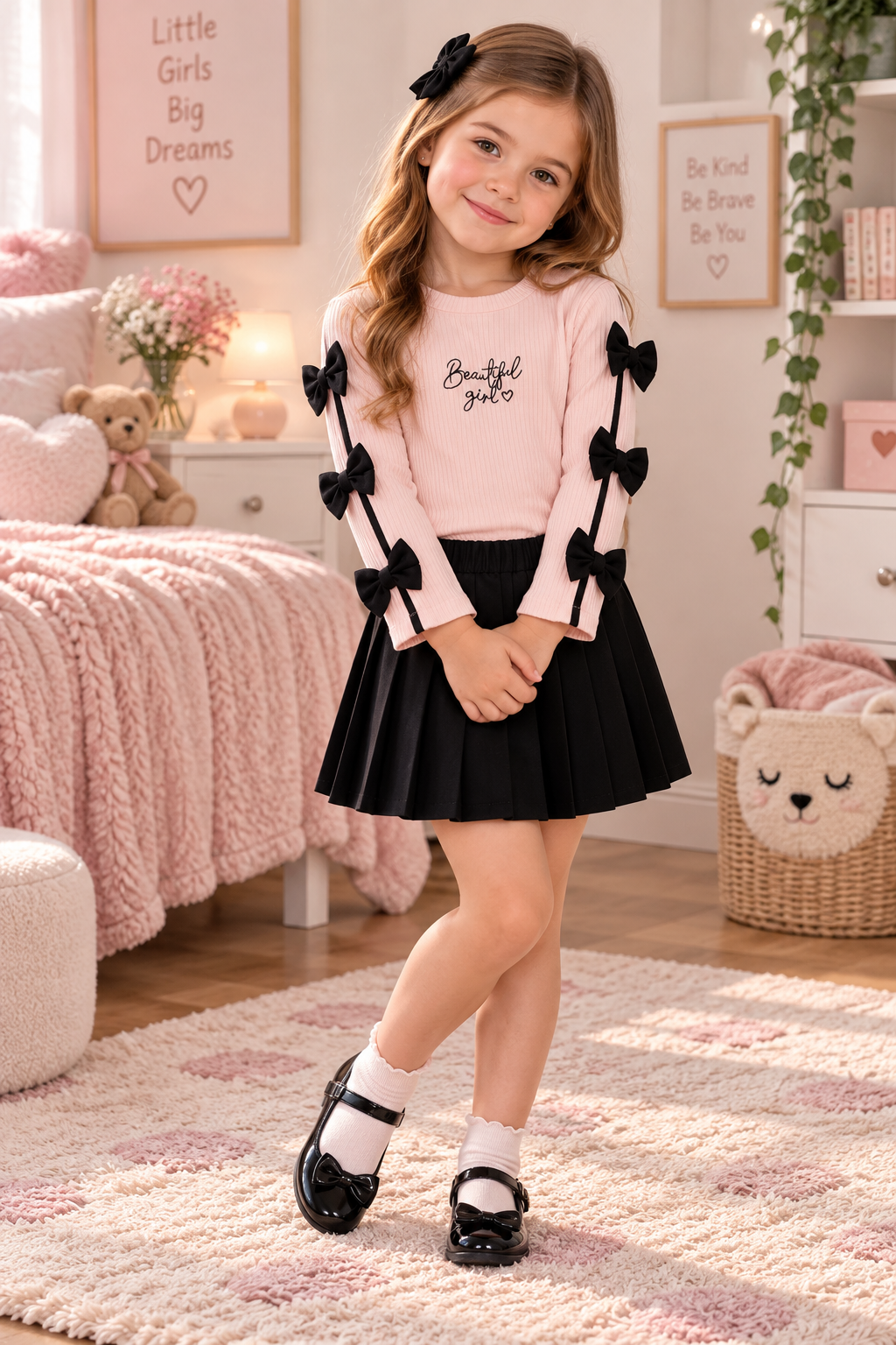 Mädchen 2-teiliges Outfit – Langarmshirt & Faltenrock mit Schleifen