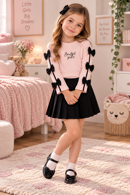 Mädchen 2-teiliges Outfit – Langarmshirt & Faltenrock mit Schleifen