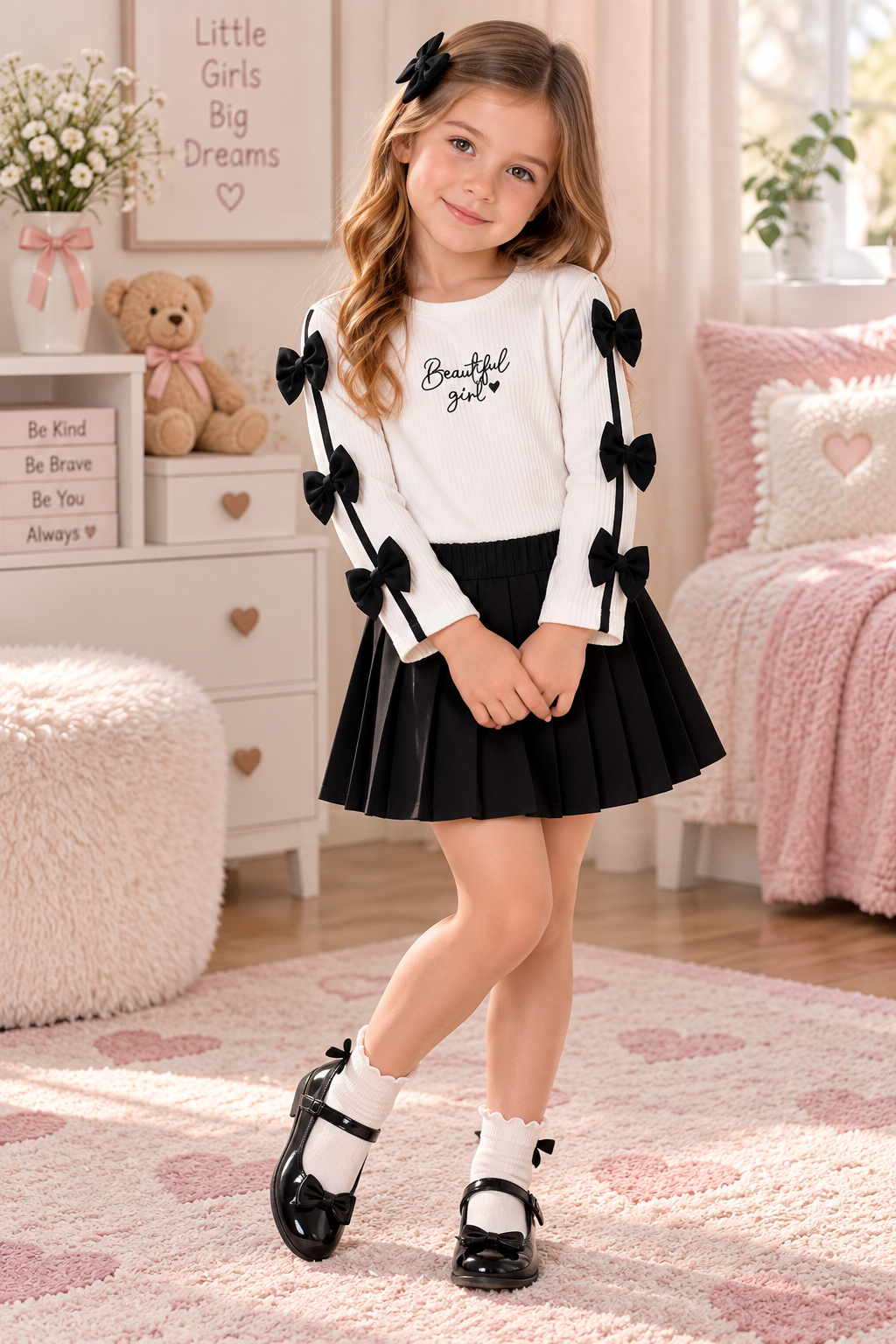 Mädchen 2-teiliges Outfit – Langarmshirt & Faltenrock mit Schleifen
