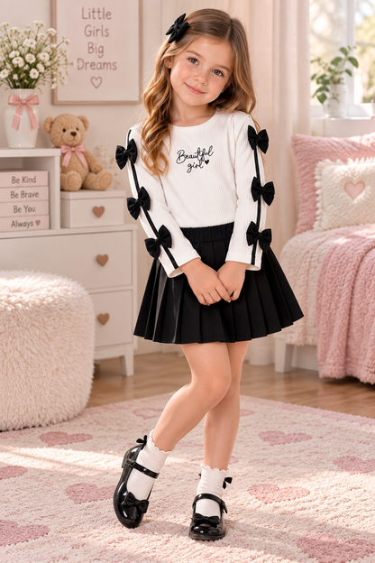 Mädchen 2-teiliges Outfit – Langarmshirt & Faltenrock mit Schleifen