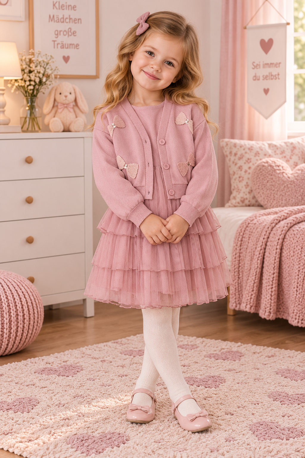 Mädchen Set Kleid mit Weste/Strickjacke Altrosa