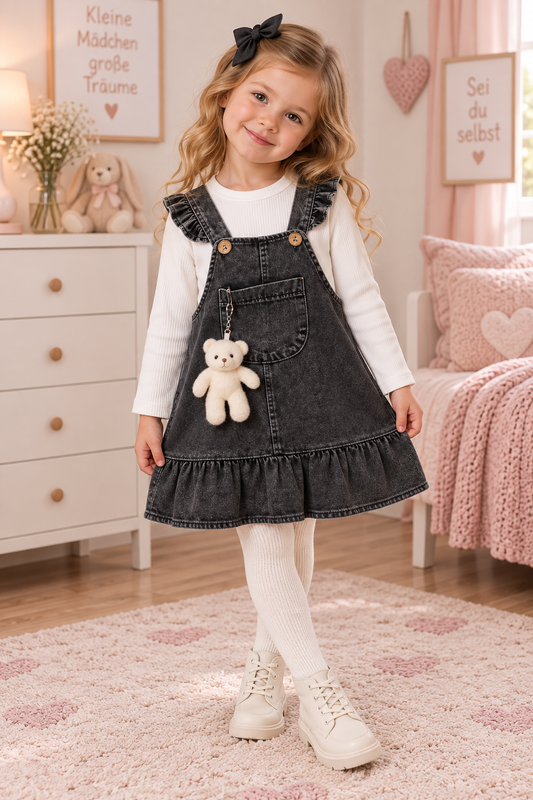 Mädchen Set – Latzrock mit Teddy & Langarmshirt 👧🖤🤍