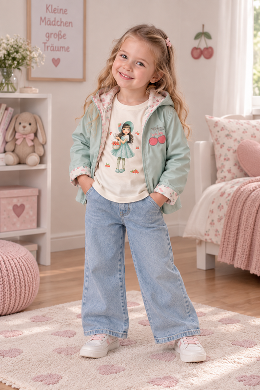 Mädchen 3-Teiler Outfit mit Jeans, Print Shirt & Kapuzenjacke (Kirsch-Design)