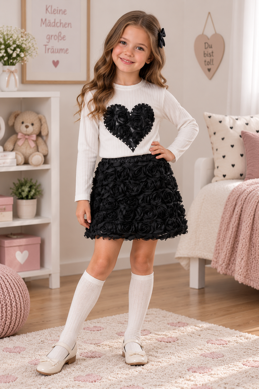 Mädchen Outfit Set 2-teilig mit Herz-Detail & Rosenspitzen-Rock