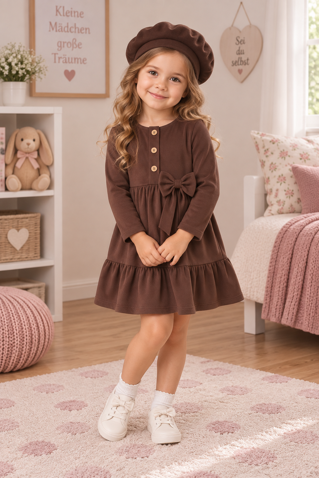 Mädchen Kleid aus Samt mit Mütze – Elegantes 2-teiliges Set