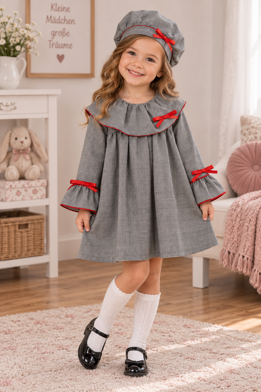 Mädchen Kleid mit Mütze – Kariertes Set mit roten Details