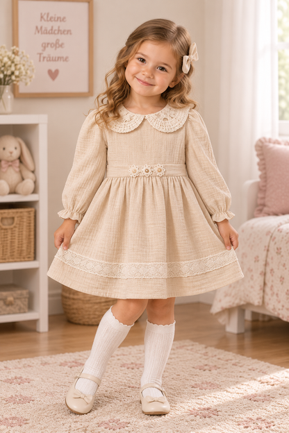Mädchen Kleid – Festliches Musselin Kleid mit Spitze & Blumen-Deko (2–5 Jahre)