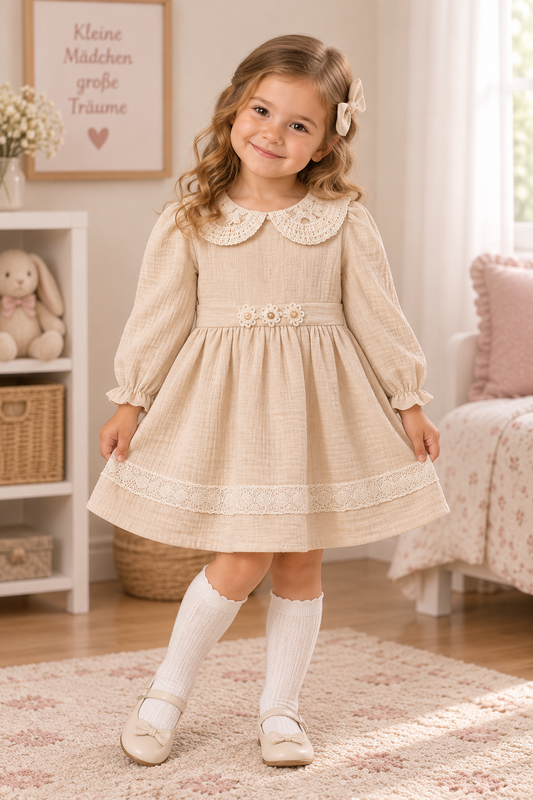 Mädchen Kleid – Festliches Musselin Kleid mit Spitze & Blumen-Deko (2–5 Jahre)