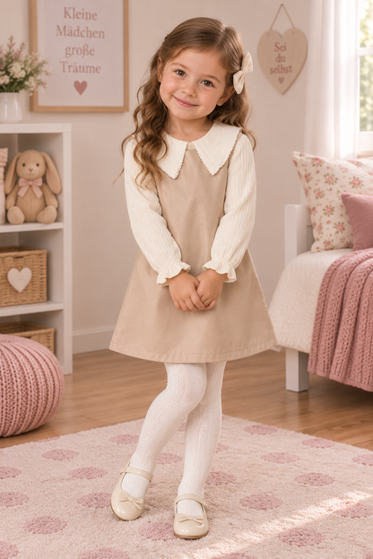 3-teiliges Outfit – Kleid mit Musselin-Oberteil & Strumpfhose | Beige & Weiß