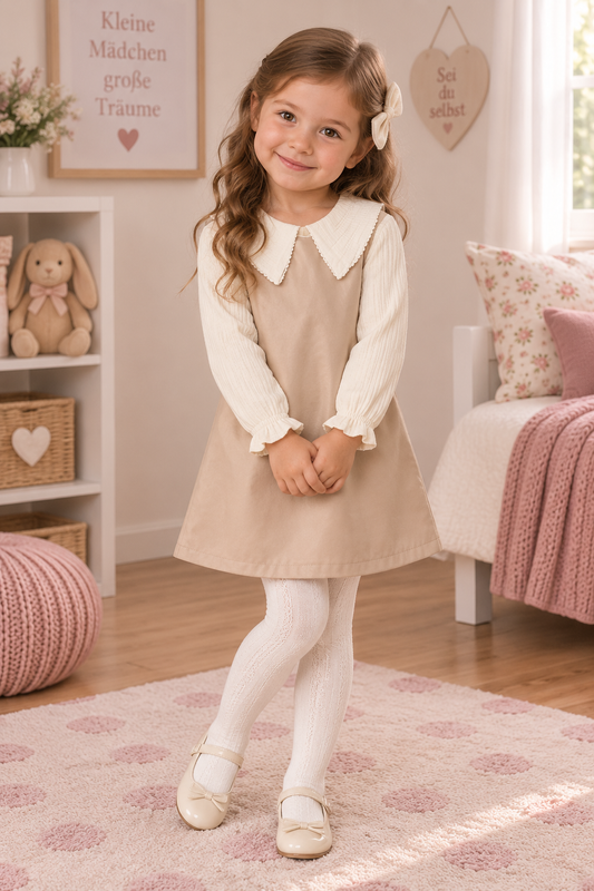 3-teiliges Outfit – Kleid mit Musselin-Oberteil & Strumpfhose | Beige & Weiß