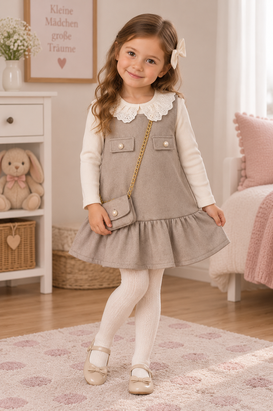 Mädchen Kleid 3-teilig – Kleid mit Rüschenkragen, Langarmshirt & Tasche