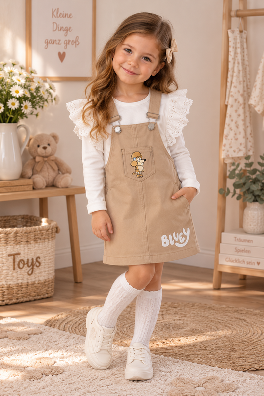 2-teiliges Mädchen Outfit – Latzkleid in Beige mit Langarmshirt & Rüschen