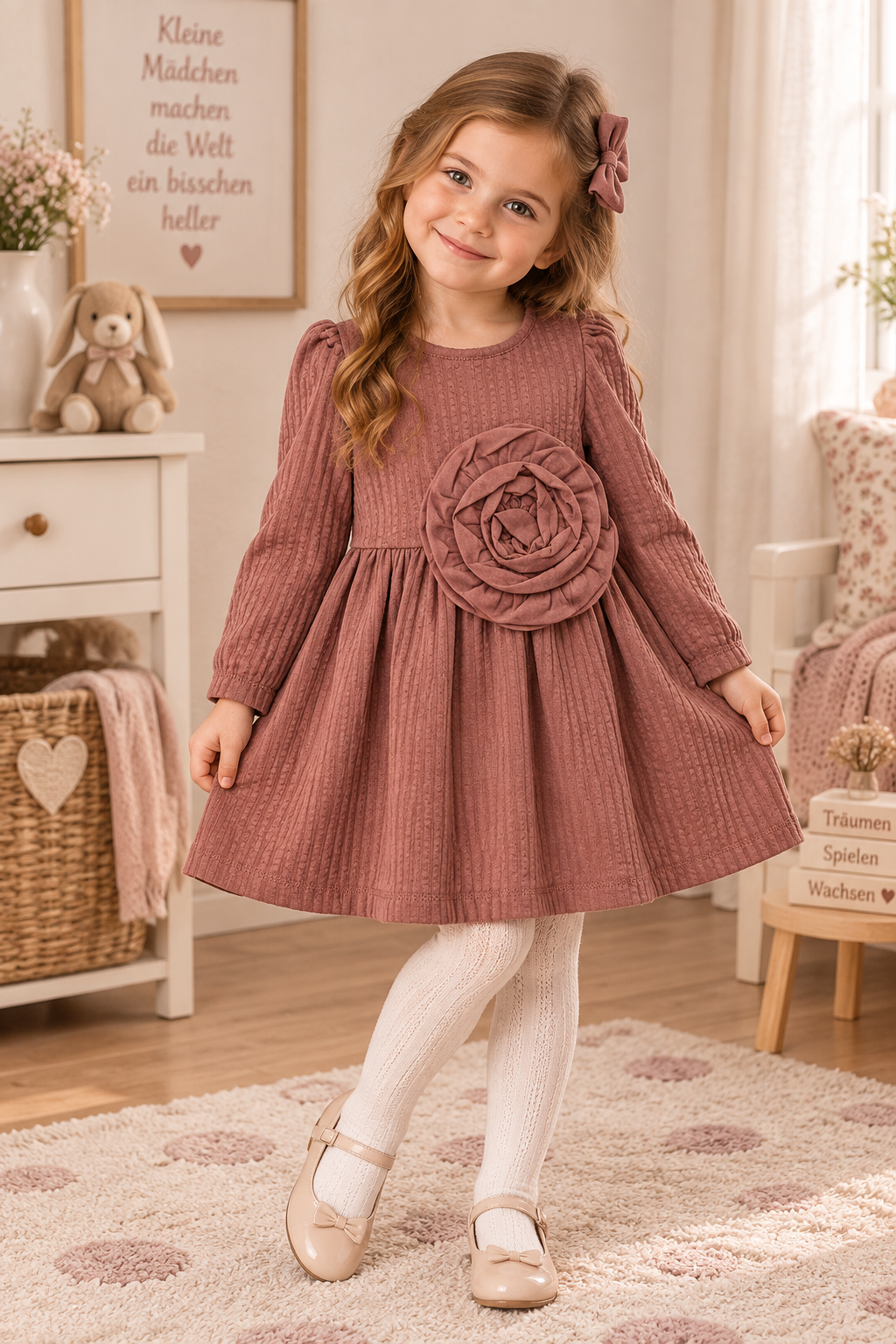 Süßes Langarmkleid für Mädchen mit großer Blume – weich & bequem