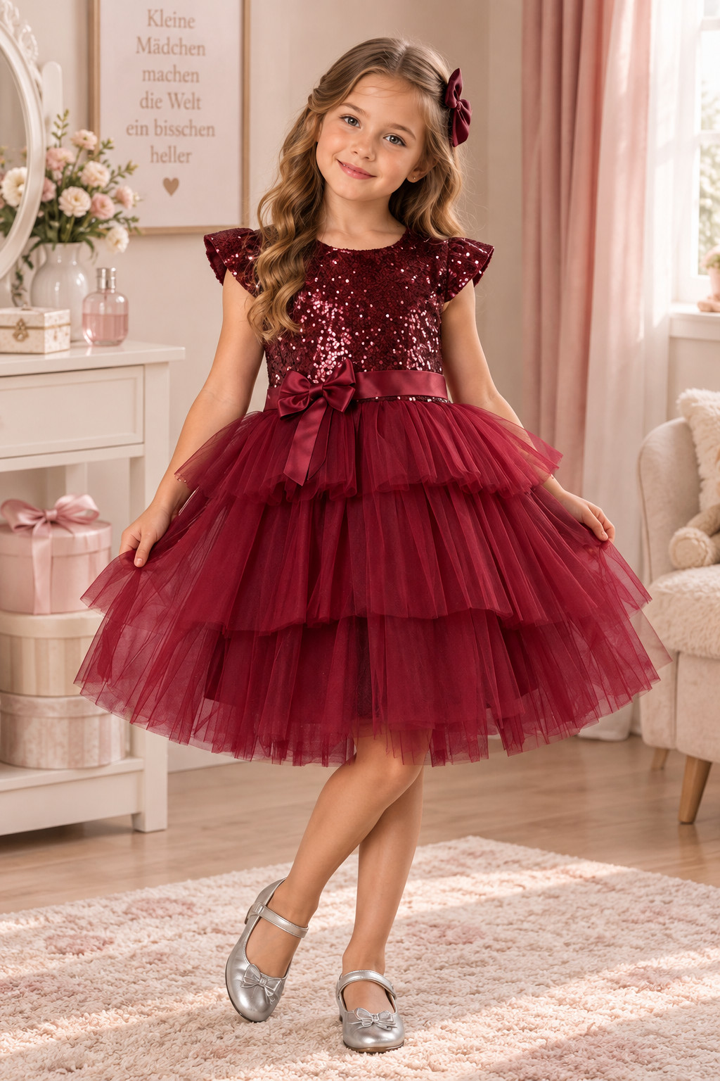 Mädchen Tüllkleid mit Pailletten – Festliches Kleid in Bordeaux
