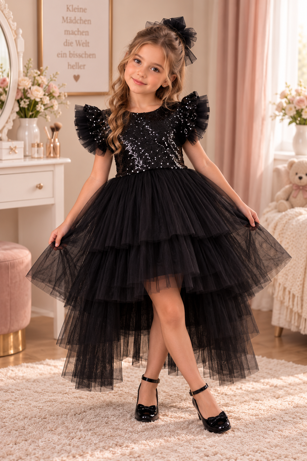 Mädchen Tüllkleid mit Pailletten – Festliches Kleid in Schwarz