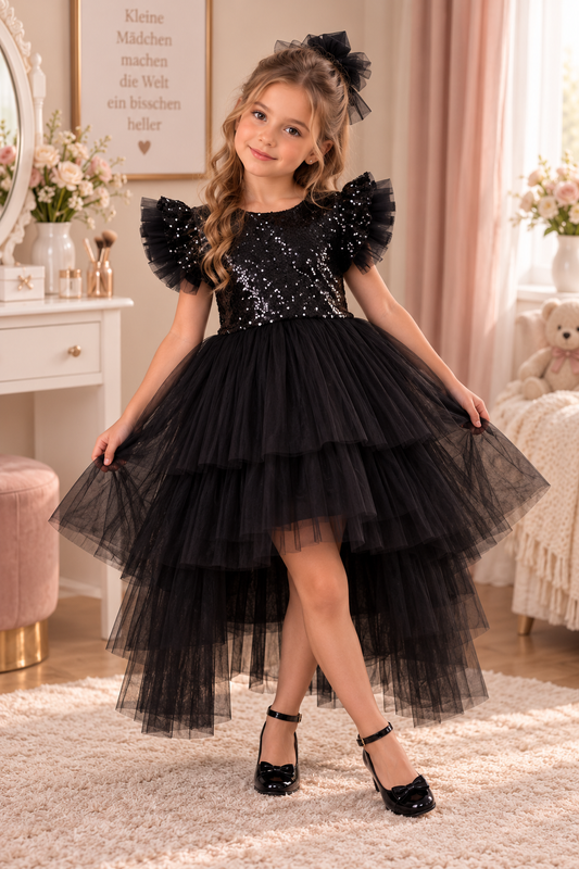 Mädchen Tüllkleid mit Pailletten – Festliches Kleid in Schwarz