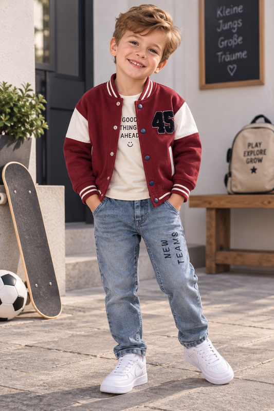 Jungen 3-teiliges Outfit – College Jacke, Langarmshirt & Jeans