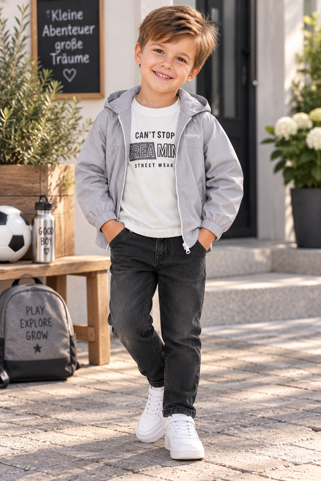 Kinder Outfit Set – Jacke, Shirt & Jeans (Hellblau oder Grau)