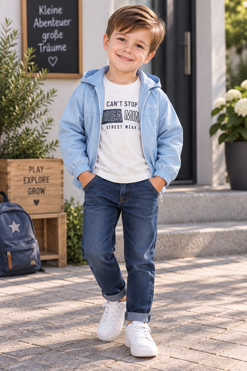 Kinder Outfit Set – Jacke, Shirt & Jeans (Hellblau oder Grau)