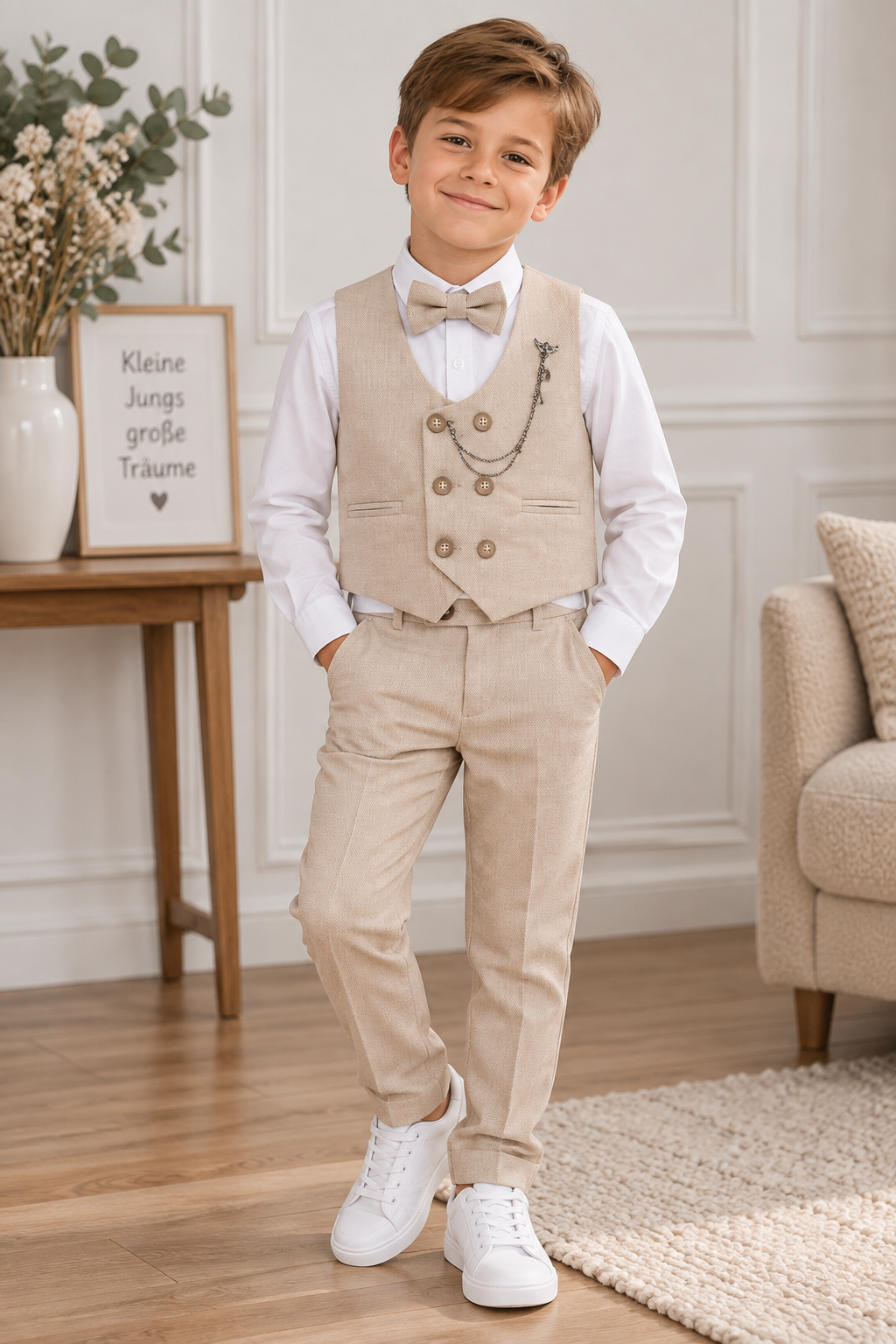 Vierteiliges Jungen-Anzugset mit Hose, Hemd, Weste & Fliege – festliches Outfit