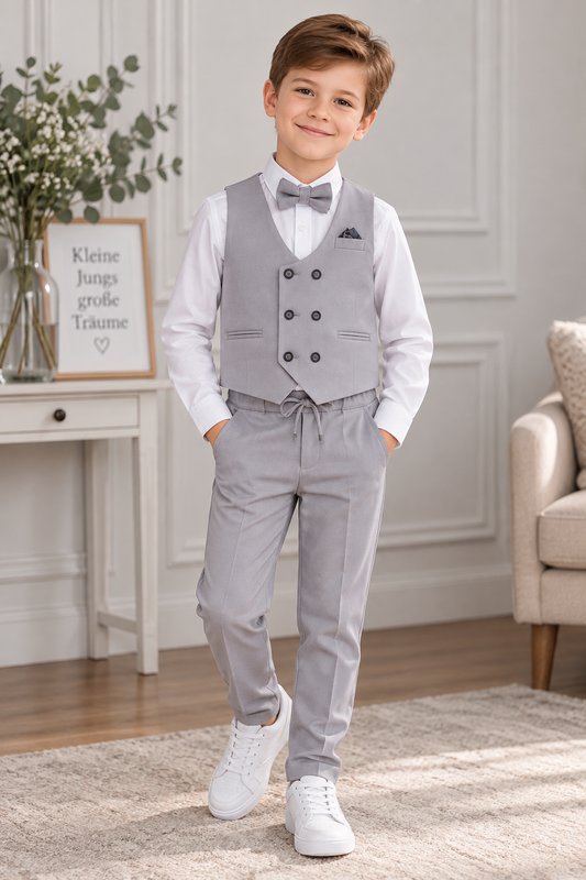 Vierteiliges Jungen-Anzugset in Hellgrau mit Hose, Hemd, Weste & Fliege