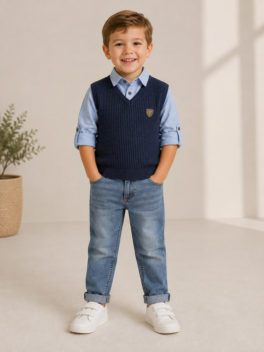 Jungen Outfit Strickweste Jeans
