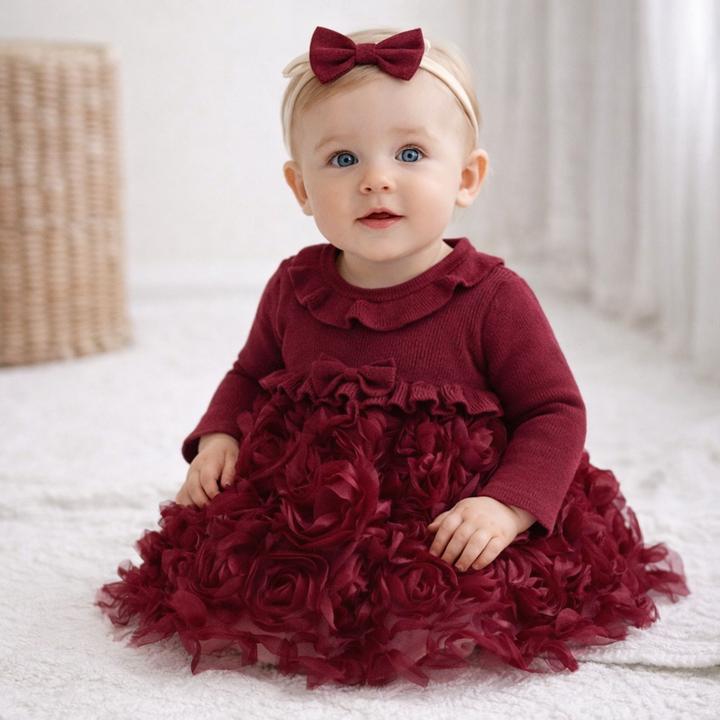 Nipperland Baby Mädchen Kleid Bordeaux mit 3D-Blumen & Stirnband