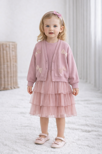 Mädchen Set Kleid mit Weste/Strickjacke Altrosa