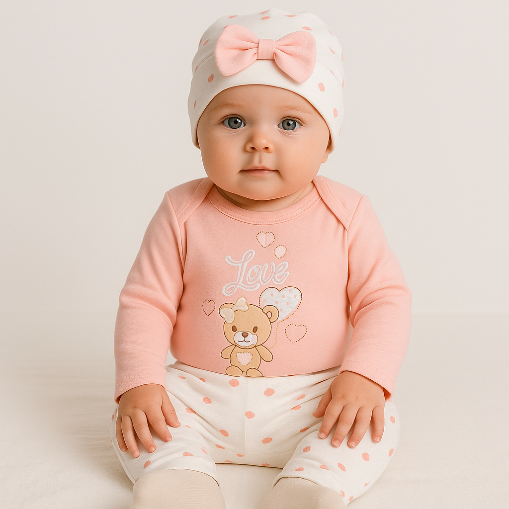 Baby Mädchen Set – Rosa Body mit Bärenmotiv + Herzchen-Hose & Mütze (3-teilig)