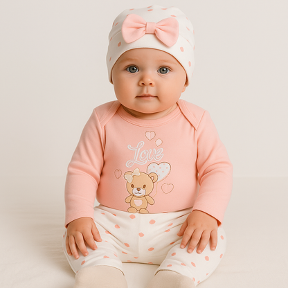 Baby Mädchen Set – Rosa Body mit Bärenmotiv + Herzchen-Hose & Mütze (3-teilig)