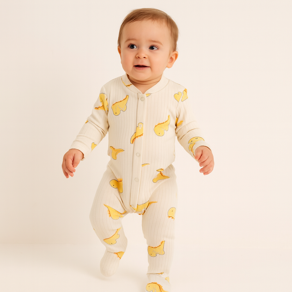 Baby Strampler mit Dinosaurier-Motiv – Cremefarben, Langarm, Baumwolle, mit Fußteil