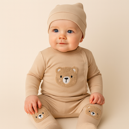 Baby Set Beige – Wickelshirt, Fußhose & Mütze mit Teddy-Applikation (3-teilig)