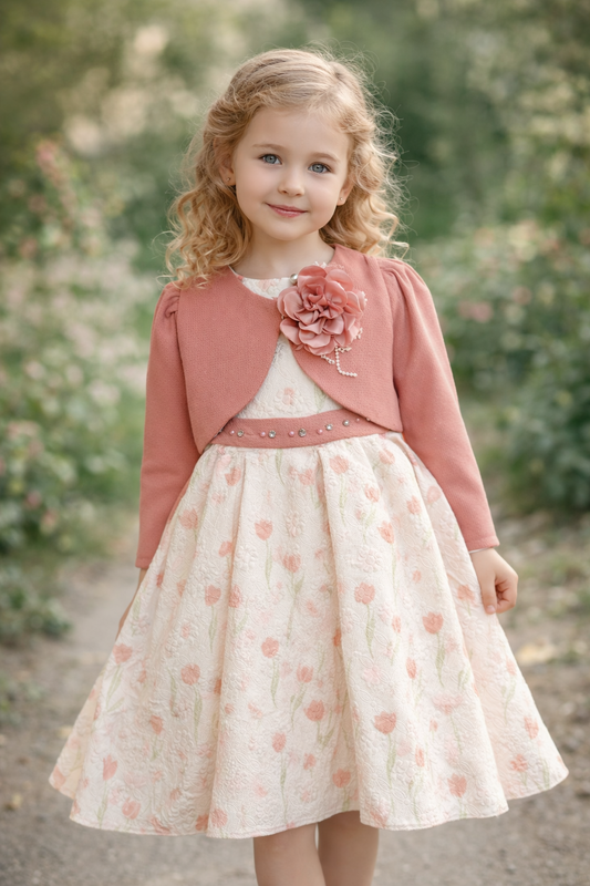 Mädchen Kleid mit Bolero & Blumenmuster – Elegantes Festkleid in Rosé/Creme