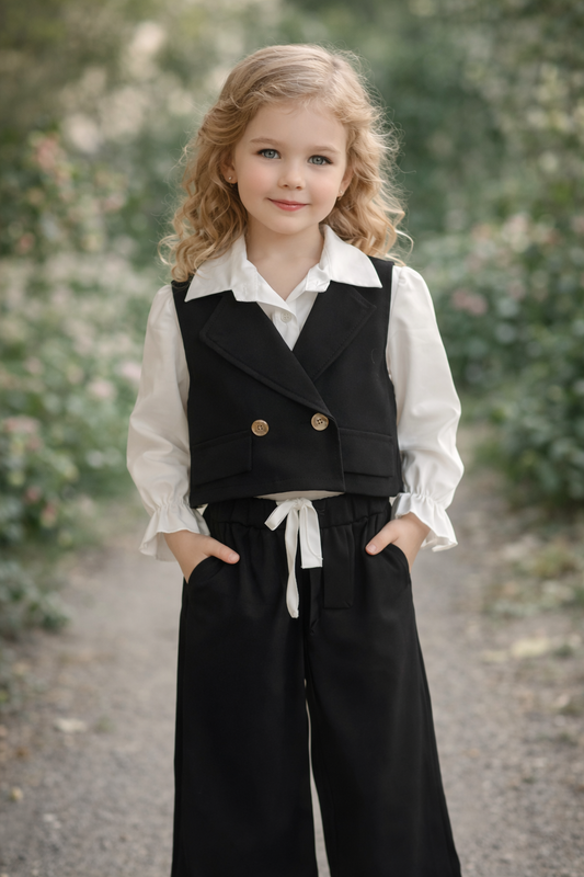 Mädchen 3-Teiler Set – Bluse, Weste & weite Hose in Schwarz/Weiß