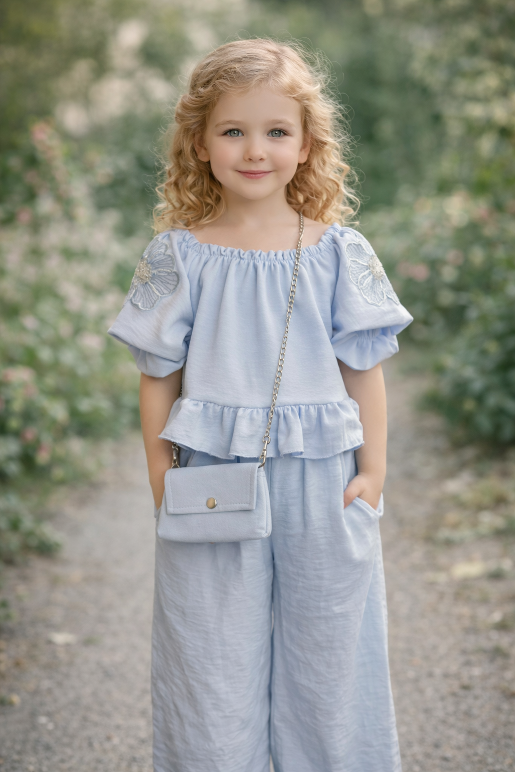 Mädchen 3-Teiler Set mit Tasche – Bluse, weite Hose & Umhängetasche (3 Farben)