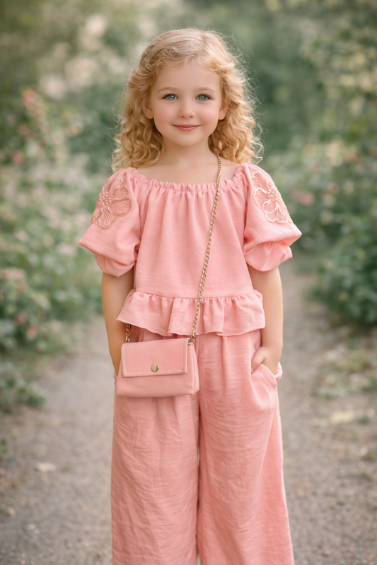 Mädchen 3-Teiler Set mit Tasche – Bluse, weite Hose & Umhängetasche (3 Farben)