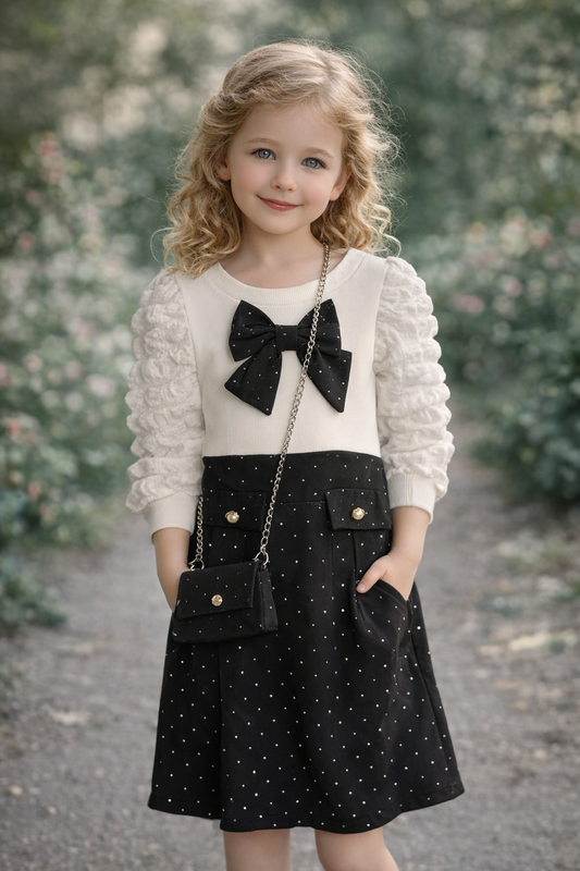 Mädchen Kleid mit Tasche & Schleife – Elegantes Set in 2 Farben